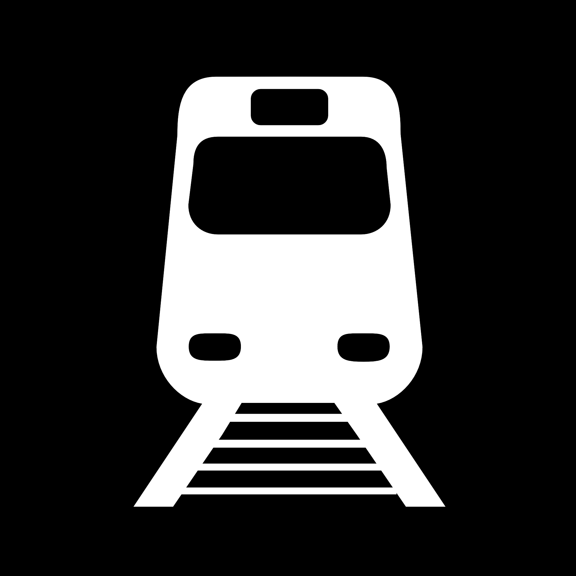 Tram logo with white train silhouette on a black background